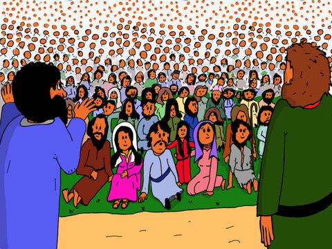 Los discípulos comenzaron a organizar a la gente en grupos más pequeños. Todos esperaban. ¿Qué iba a pasar? Tenían mucha hambre. – Número de diapositiva 19