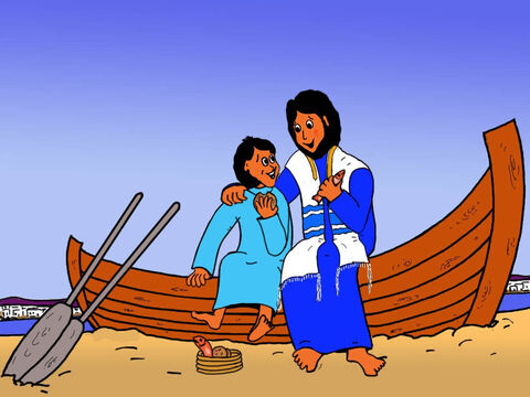 Jesús y el muchacho también comieron pan y pescado. El niño estaba muy contento de estar con Jesús y de saber que Jesús había bendecido su comida. – Número de diapositiva 28