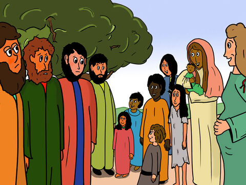 ‘¡Deténgase!’ ordenó uno de los discípulos de Jesús. '¿A dónde vas?'<br/>‘Oh, vamos a Jesús porque nos gustaría que orara una bendición sobre nuestros hijos’, respondieron las madres. – Número de diapositiva 4