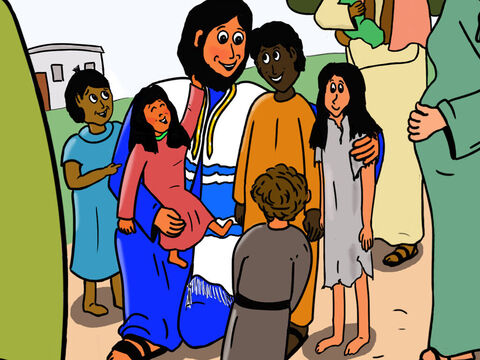 ‘Dejen pasar a los niños para que Me vean’, dijo Jesús. Las madres y los niños estaban muy felices. – Número de diapositiva 12