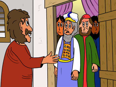 Judas llamó a la puerta de los sumos sacerdotes y de los líderes religiosos y les preguntó si querían su ayuda. Ellos, muy sorprendidos, le dijeron: "Tú eres uno de sus discípulos, ¿no es así?". – Número de diapositiva 8