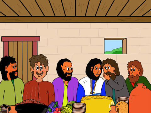 Juan, que estaba sentado cerca de Jesús, le susurró: "Jesús, ¿Puedes decirme quién es?"<br />Jesús le susurró a Juan: "Es la persona a la que le daré este trozo de pan cuando lo haya mojado en el plato". – Número de diapositiva 17