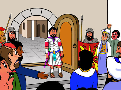 Cuando Pilato abrió la puerta, gritaron: “Aquí hay un hombre que ha dicho que es el Hijo de Dios. Hay que matarlo”. <br />Pero Pilato no quiso hacerlo. No creía que esta acusación mereciera la pena de muerte. Así que cambiaron su acusación y gritaron: “¡Se ha hecho rey!”. – Número de diapositiva 5