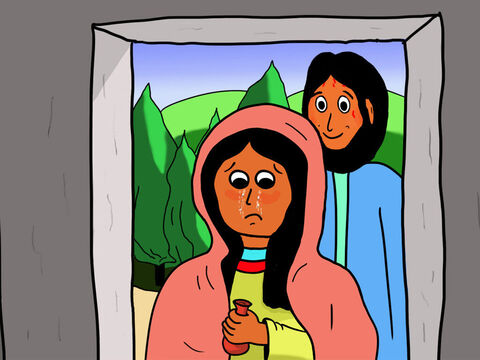 Ahora vino Jesús y se puso detrás de María. María pensó que era el jardinero y le preguntó, sin volverse, si sabía dónde habían colocado el cadáver de Jesús. – Número de diapositiva 18