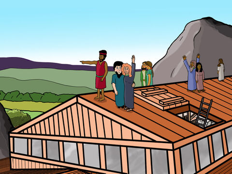 Cuando Noé abrió el techo del Arca, todos pudieron comprobar con gran alegría que la tierra estaba seca. – Número de diapositiva 31
