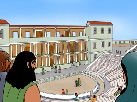 Éfeso era una ciudad muy grande con varios cientos de miles de habitantes. Estaba ubicada en lo que hoy es el oeste de Turquía. Contaba con uno de los teatros al aire libre más grandes del mundo, con 25.000 butacas. – Número de diapositiva 1