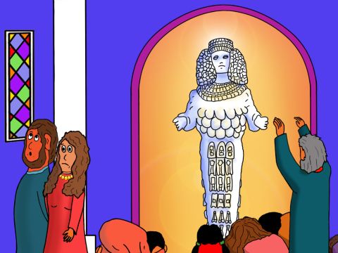 Dentro, rezaban a una gran estatua artificial llamada la diosa Diana. A esta falsa diosa se le ofrecían regalos de oro, plata y marfil. – Número de diapositiva 3