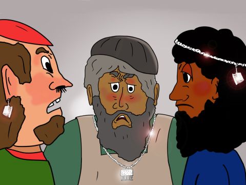Los demás plateros también perdían ventas y estaban muy enojados. “Es ese predicador Pablo quien nos está haciendo perder dinero. ¡Está diciendo que ignoren a la mundialmente famosa diosa Diana, cuyo gran templo está aquí en Éfeso!” – Número de diapositiva 22