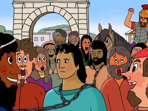 Rápidamente reunieron a una multitud que gritaba: “¡Grande es Diana de los efesios!”. La multitud creció rápidamente y tomaron prisioneros a dos cristianos llamados Gayo y Aristarco y los obligaron a entrar al teatro. Buscaron a Pablo, pero no lo encontraron. – Número de diapositiva 25