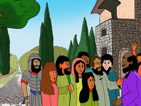 …pero de repente se encontró con varios amigos cristianos de Roma que habían caminado unos 70 kilómetros desde Roma para encontrarse con Pablo. (El lugar se llamaba Foro Apio y era un mercado). Cuando Pablo vio a sus amigos, dio gracias a Dios y cobró nuevo ánimo. – Número de diapositiva 6