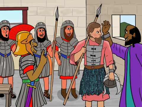Pablo estaba muy feliz de poder contarles a todos los soldados acerca de Jesús y lo que Dios había hecho para salvarlo. – Número de diapositiva 10