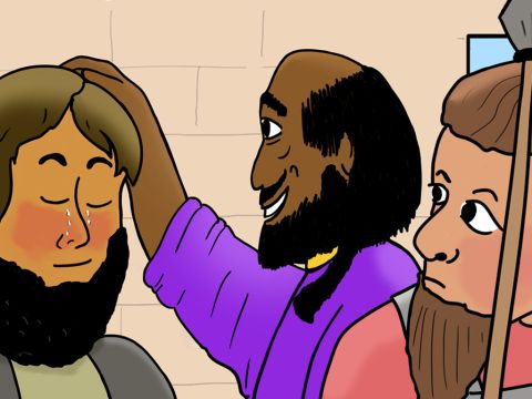 De alguna manera, Onésimo contactó con Pablo, quien se encontraba bajo arresto domiciliario. Pablo le habló del amor de Dios y del perdón de Jesús. Onésimo ansiaba comenzar una nueva vida con Jesús. – Número de diapositiva 16
