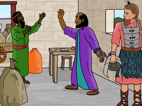 Un día, Pablo se alegró mucho al recibir la visita de su amigo Epafrodito, quien había venido desde la ciudad de Filipos, en Grecia. Había traído consigo una gran ofrenda de dinero de la iglesia de allí. – Número de diapositiva 18