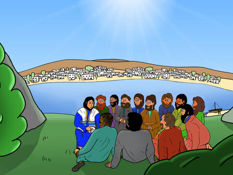 Cuando Jesús caminó sobre la tierra, subió a la ladera de una montaña con sus doce discípulos. Se sentaron y Jesús enseñó a sus seguidores cómo debían vivir para agradarle. – Número de diapositiva 1