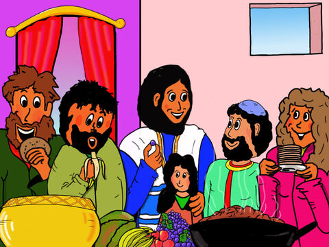 Zaqueo y su mujer prepararon una comida para Jesús y los doce discípulos. Jesús pasó un tiempo hablando con Zaqueo. – Número de diapositiva 32