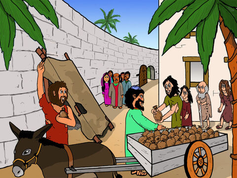 Entonces Zaqueo hizo lo que había dicho. Tomó la mitad de todo lo que poseía y lo distribuyó entre los pobres de Jericó. Los pobres estaban sorprendidos y muy contentos. Todos comprendieron que Zaqueo había sido completamente transformado por Jesús. – Número de diapositiva 35