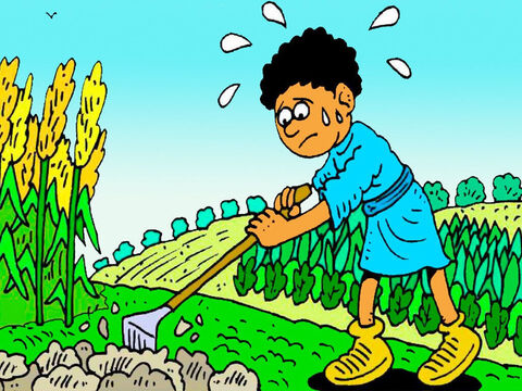 A Caín le encantaba cultivar hortalizas, pero era un trabajo duro cavar bajo el caluroso sol y deshierbar el jardín. – Número de diapositiva 3
