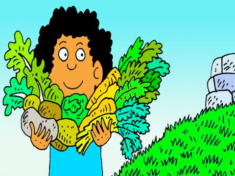 Trajo la primicia de todas las hortalizas de su huerto, como regalo a Dios. “Voy a mostrarle a Dios lo que puedo hacer”, pensó. – Número de diapositiva 4
