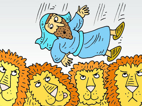 Daniel fue arrojado al foso de los leones, pero no tuvo miedo, simplemente oró a Dios. El rey no podía dormir, se sentía muy triste. Al amanecer fue a mirar en el foso de los leones. – Número de diapositiva 7