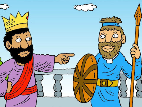 Entonces el rey Saúl tuvo otra idea. “Puedes casarte con mi hija, si peleas con valentía y derrotas a los filisteos. Serás el capitán de mi ejército“, dijo. – Número de diapositiva 5