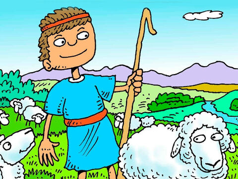 David cuidaba las ovejas de su padre. Les gustaba comer pasto verde y beber agua fresca y cuando las llamaba le seguían. – Número de diapositiva 2