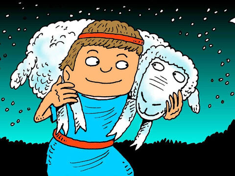 Algunas veces, tenía que buscar una oveja perdida o cargar un cordero enfermo. David era un buen pastor. Amaba a sus ovejas y ellas lo amaban a él. – Número de diapositiva 5