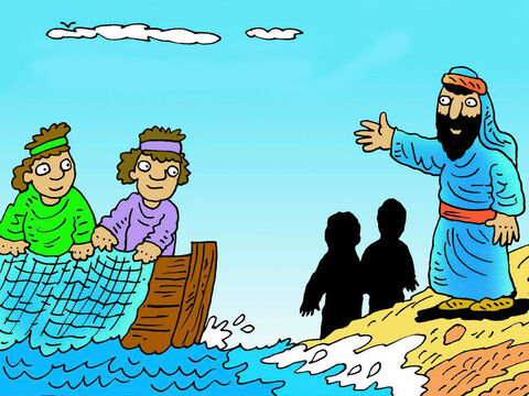 Los primeros cuatro que encontró Jesús eran pescadores. Simón (Pedro) y Andrés dejaron su pesca y sus familias y siguieron a Jesús. – Número de diapositiva 2