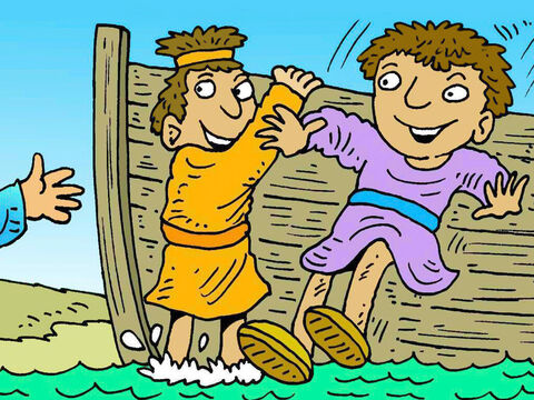Santiago y Juan estaban en el mar de Galilea en su barca, pescando con su padre Zebedeo, cuando Jesús los llamó para que le siguieran. Al instante, decidieron ir. – Número de diapositiva 3