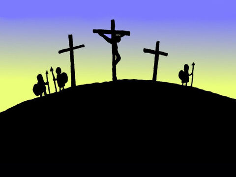 Lo clavaron en la cruz, en la cima de una colina. Los soldados vigilaban. Sus amigos estaban muy tristes. – Número de diapositiva 5