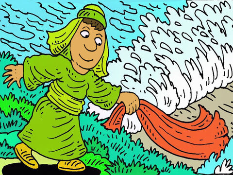 En el río Jordán, Eliseo golpeó el agua con el manto de Elías y Dios abrió un camino seco para caminar. Dios también estaba con el gran profeta Eliseo. – Número de diapositiva 7