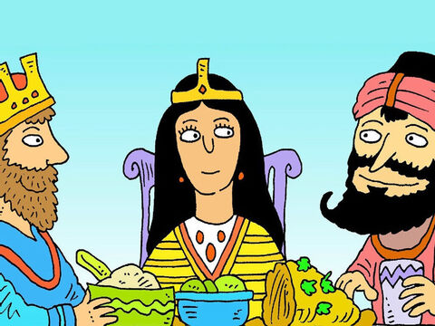 En la comida especial, la reina Ester comunicó a su esposo, el rey, el plan de Amán. El rey se enojó mucho. – Número de diapositiva 6