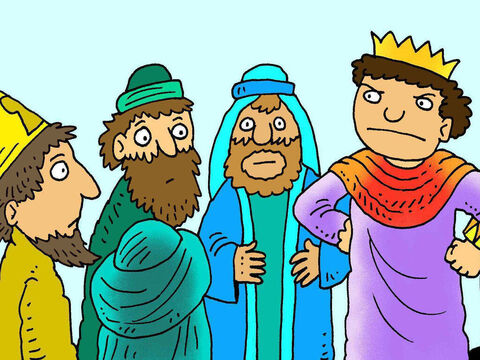 El rey Herodes y el pueblo de Jerusalén se preocuparon. El rey llamó a los principales sacerdotes y a los maestros que estudiaban los escritos de los antiguos profetas y les preguntó dónde debía nacer Cristo. "En Belén", respondieron. – Número de diapositiva 3