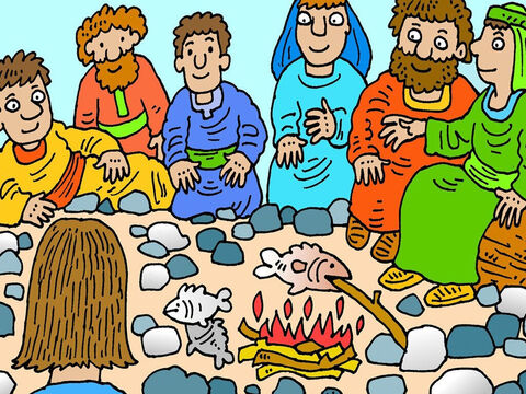 Poco después, siete de los discípulos de Jesús volvían de pescar y encontraron a Jesús cocinando peces en un fuego en la playa y desayunaron con él. ¡Jesús estaba realmente vivo! – Número de diapositiva 6