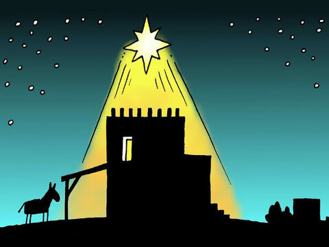 Aquella noche el niño Jesús, el Salvador prometido, nació en un establo de Belén. Una estrella muy brillante apareció en el cielo justo encima del lugar donde había nacido. – Número de diapositiva 7