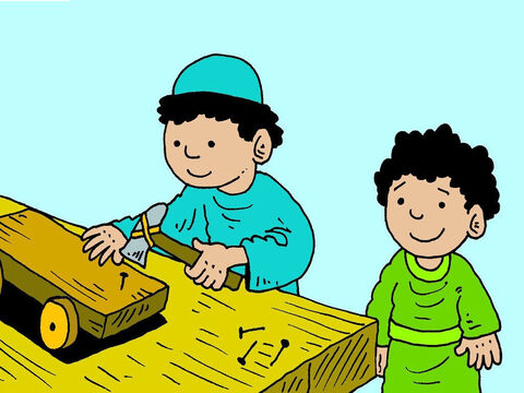 José era carpintero y cuando Jesús era un niño también aprendió a fabricar cosas de madera. A Jesús le gustaba ayudar a sus amigos. – Número de diapositiva 5