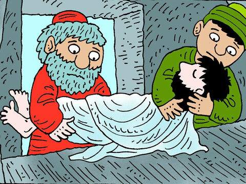 José y Nicodemo tomaron el cuerpo de Jesús y lo envolvieron con cuidado en telas de lino con las fragantes especias de mirra y áloe que Nicodemo había traído, ya que esa era la costumbre de los judíos para sepultar a los muertos. – Número de diapositiva 5