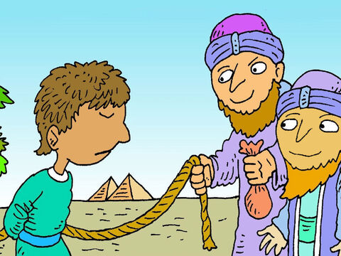 Los hermanos vieron a unos hombres que venían en camellos. Eran mercaderes que se dirigían a Egipto. Tomaron a José y se lo vendieron. Los hombres se llevaron a José para venderlo como esclavo que trabajaría duro para quien lo comprara. – Número de diapositiva 8