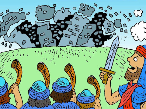 Y la última vez, cuando gritaron todos, ¡el gran muro de piedra de Jericó se derrumbó! La ciudad era de ellos, no gracias a la batalla de un ejército fuerte, sino al poder de Dios. Sin embargo, Rahab se mantuvo a salvo y fue rescatada. – Número de diapositiva 8