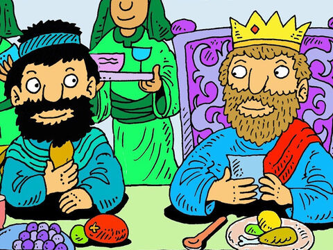 Entonces, cada día, durante el resto de su vida, Mefiboset comía en la mesa del rey, con los hijos del rey. El rey David cuidó de él. – Número de diapositiva 7