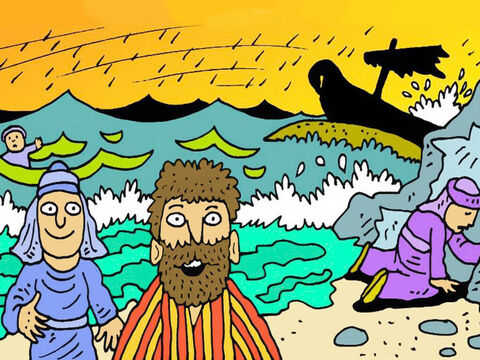 Nadando o flotando en tablas, todos llegaron a salvo a la playa, tal como Dios le había dicho a Pablo. ¡Los 276 ocupantes de la nave se salvaron ese día! – Número de diapositiva 7