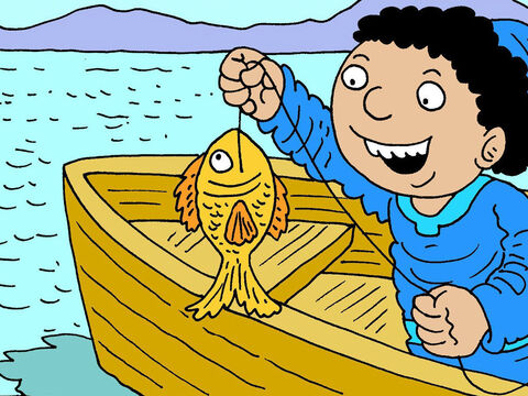Pedro había estado pescando toda su vida y nunca había atrapado un pez con dinero en la boca. Sin embargo, hizo exactamente lo que Jesús le había dicho y lo pescó enseguida. – Número de diapositiva 6