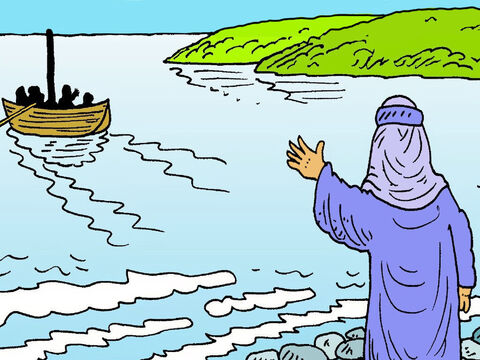 Jesús envió a Pedro y a sus ayudantes al otro lado del lago, en una barca. Estaba cansado. Quería estar solo para descansar y orar. Había estado hablando con mucha gente, todo el día. – Número de diapositiva 1