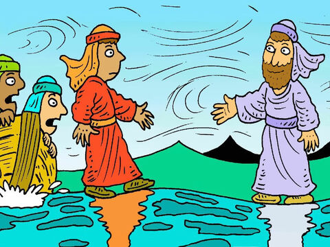 Jesús gritó: "No tengan miedo, soy yo". Pedro no podía creer lo que veía y dijo: "Si realmente eres tú, Jesús, entonces dime que vaya a ti sobre el agua". Salió de la barca y comenzó a caminar, sobre el agua, hacia Jesús. – Número de diapositiva 4