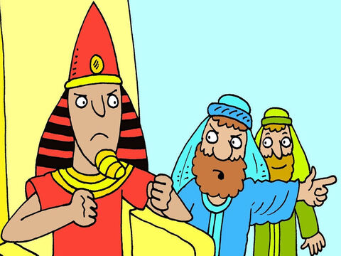 Dios envió a Moisés y a Aarón para que le dijeran al Faraón que dejara ir al pueblo de Israel a su tierra. "Si te niegas", dijo Aarón, "Dios enviará terribles plagas hasta que lo hagas". Pero Faraón era terco y no quiso escuchar. – Número de diapositiva 3