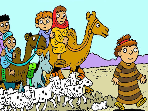 Jacob subió a sus mujeres e hijos a los camellos y todos se fueron sin despedirse. Labán estaba ocupado esquilando ovejas y no los echó de menos durante tres días. – Número de diapositiva 3