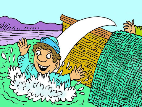 Pedro se puso rápidamente su camisa de pesca y nadó hasta la orilla. Estaba muy emocionado de ver a Jesús vivo. Era la tercera vez que veían a Jesús después de haber resucitado. – Número de diapositiva 7