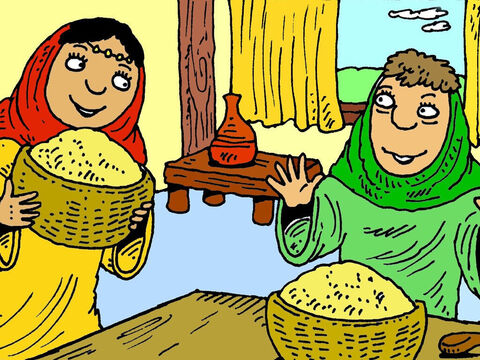 Rut le mostró toda la cebada a Noemí. "Dios nos ha cuidado hoy", dijo Noemí. "Booz se ha portado muy bien con vosotras". Le dieron las gracias a Dios por cuidar de ellas. – Número de diapositiva 8