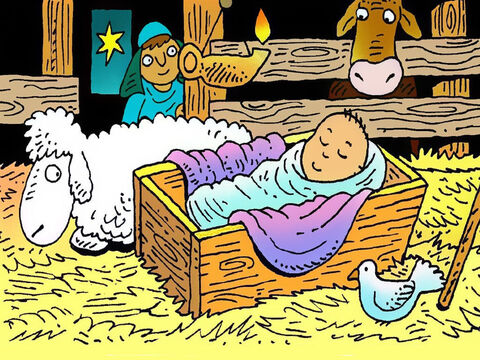 Los pastores se apresuraron a llegar a Belén y buscaron hasta que encontraron al niño Jesús envuelto en pañales y durmiendo en un pesebre de heno, tal como les había dicho el ángel. Y les contaron a María y a José la buena noticia del ángel. – Número de diapositiva 7