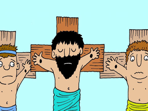 Jesús fue crucificado en una cruz en medio de dos hombres malos que estaban siendo castigados por robar las cosas de otras personas. – Número de diapositiva 2