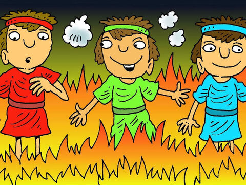 Los soldados del rey arrojaron a los hombres al fuego. Estaba muy caliente, pero no los quemó. Dios los estaba cuidando. Ni siquiera sus ropas se quemaron. – Número de diapositiva 7